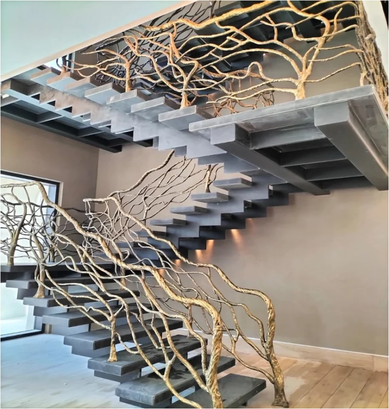Root-inspired brass railing, private villa, Nad Al Sheba